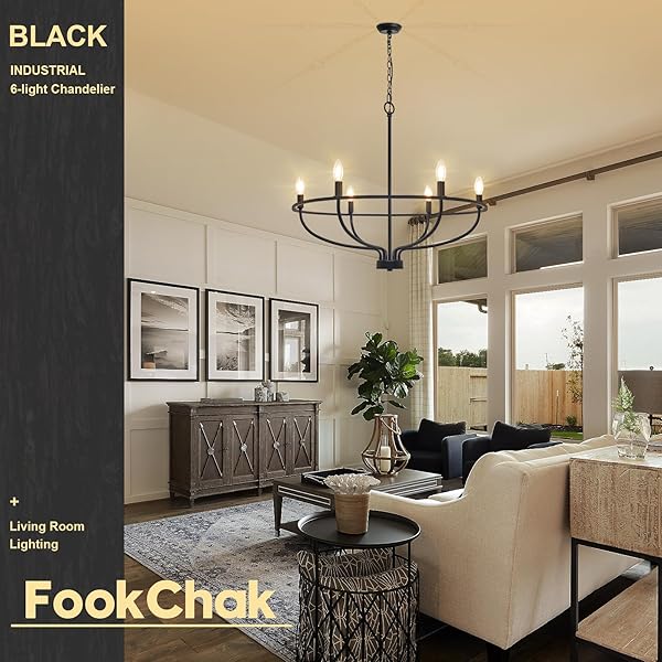 FOOKCHAK BLACK DINING ROOM LIGHT FIXTURE, 6-LIGHT FARMHOUSE BLACK CHANDELIER FOR BEDROOM METAL CANDLE CHANDELIERS HANGING LIGHTING FOR KITCHEN LIVING ROOM ENTRYWAY FOYER, 28.54IN