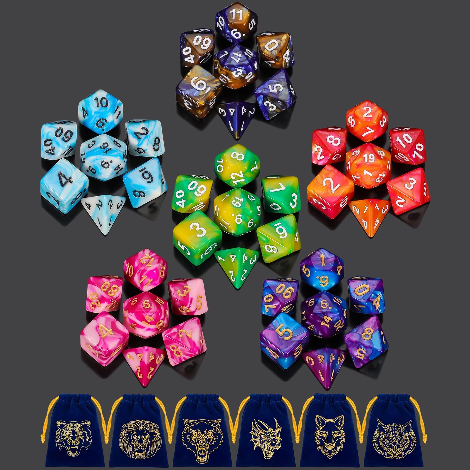 DND Dice Set - QMay 42pcs Polyhedral Dice, 6 Complete Double-Colors D&D Dice Sets with 6 Blue Drawstring Bags for Dungeons and Dragons RPG MTG Table Games