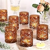 12 Pack Vintage Amber Votive Candle Holders, Glass Candle Holders for Wedding Table Centerpiece, Small Tealight Candle Holder for Home Decor, Tea Lights Candle Holder for Party, Boho Fall Decor