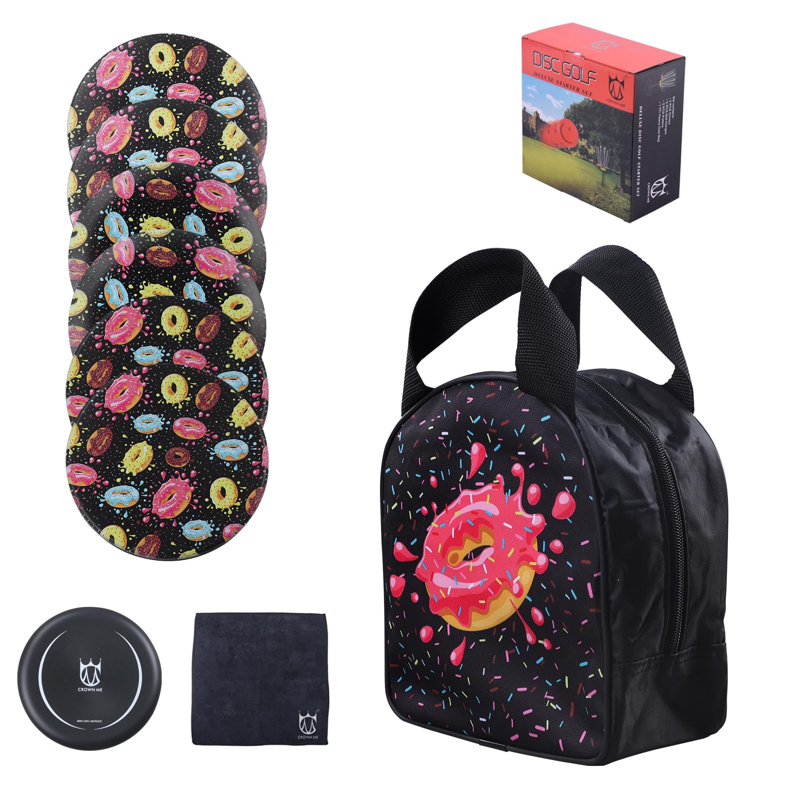 Photo 1 of CROWN ME Disc Golf Set, 6 Pack Donut Starter Disc Golf Disc Set with Nice Donut Printing Bag