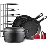Cast Iron Cookware 5-Pc Set - 10" + 12" Skillet + 5-Quart Dutch Oven+ Panrack Organizer + Silicone Handle Covers + Scraper/Cl