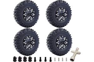 HOPLEX Beadlock Wheels and Tires 4Pcs Metal Micro Crawler Tires with 7mm RC Wheel Hex Hub Spacer for Axial SCX24 90081 1/24 RC Crawler Car Upgrade Parts Accessories