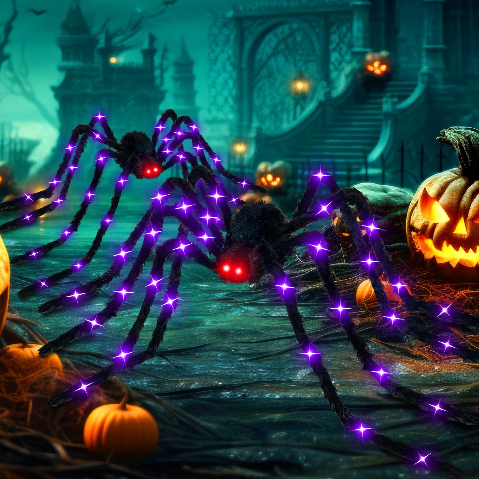 Photo 1 of Vinsot 2 Pack 6.6 Ft Halloween Giant Large Spider Outdoor Decorations Jumbo Scary Fake Furry Hairy Lighted Black Spider Props for Halloween Indoor Outside Party Creepy Decor