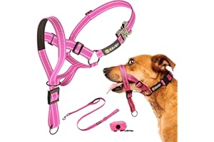 Zevey Dog Headcollar with Leash and Safety Strap Stops Heavy Pulling On The Leash Padded Reflective Head Halter for Small Medium Large Dogs Adjustable Head Harness for Training and Walking, (M, Pink)