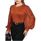 WDIRARA Women's Plus Size T Shirts Floral Long Lantern Sleeve Tee Knitted Tops