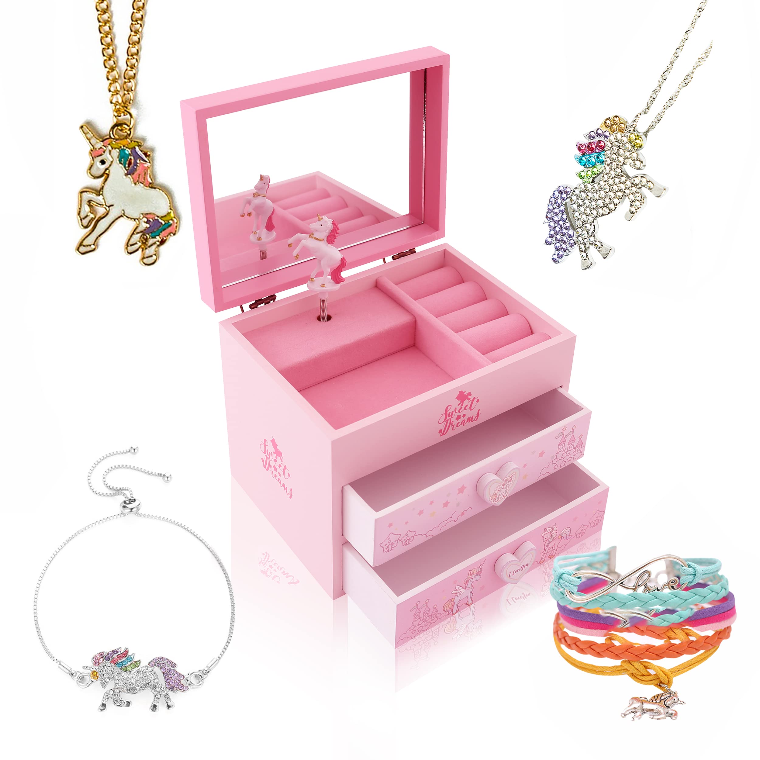 ZOOWING Kids Musical Wooden Jewelry Storage Box Gifts with Unicorn/Princess Ballerina Jewelry Sets-Unicorn4 — image 1