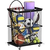 HEOMU Ball Storage Bin Rolling Garage Ball Storage Cart with Lockable Wheels, Metal Frame Mesh Basket Organizer with Zipper for Indoor Outdoor, Sports Equipment Organizer for Garage Gym School, Black