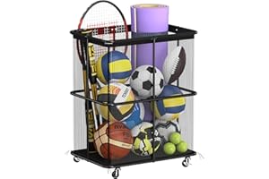 HEOMU Ball Storage Bin Rolling Garage Ball Storage Cart with Lockable Wheels, Metal Frame Mesh Basket Organizer with Zipper for Indoor Outdoor, Sports Equipment Organizer for Garage Gym School, Black