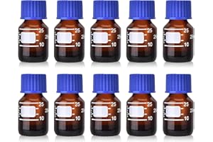 Kestun 10 Packs Reagent Media Storage Bottles, 25ml Borosilicate Glass Graduated Round Bottles with GL25 Blue Screw Cap for Lab Water Reagent Liquids (Amber, 25ML)