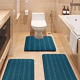 Comfydew Striped Teal Blue Bathroom Rug Set 3 Pieces Ultra Soft, Non Slip Chenille Toilet Mat, Machine Washable Bathtub Rugs for Floor, Absorbent Plush Shaggy Bath Mats for Bathroom, Bedroom, Kitchen