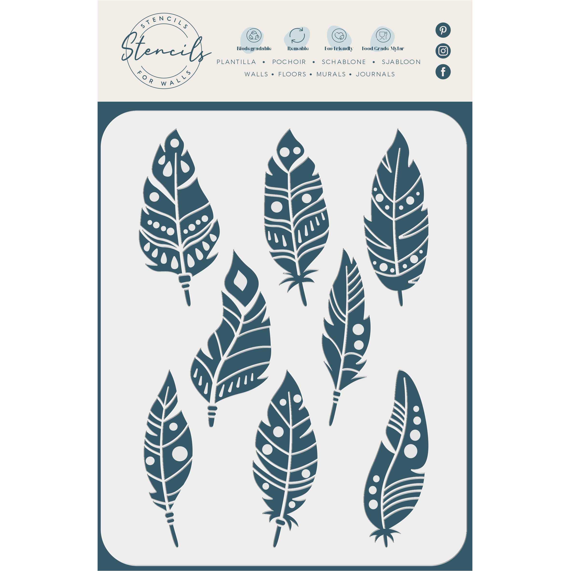 2¾" Boho Feathers Stencil, 11.4 x 16.5 cm (S) - 2 Layer Ethnic Decorative Tribal Feather Design Stencils for Painting Template