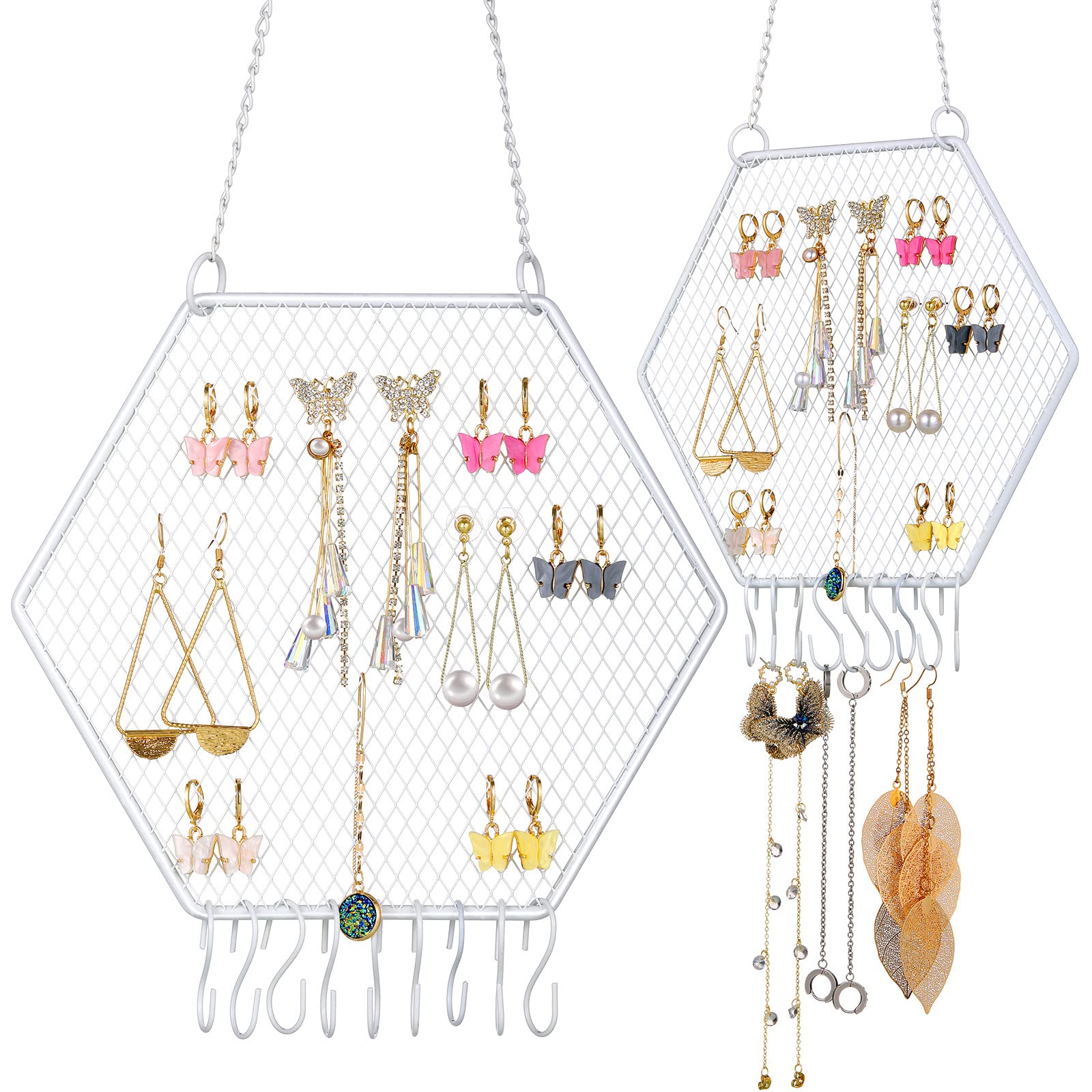 Photo 1 of Jetec 2 Pcs Earring Wall Holder Wall Mounted Earring Organizer Hanging Jewelry Stand Decorative Diamond Grid Shape Display Rack with Hooks for Earrings Necklace Bracelet(White)