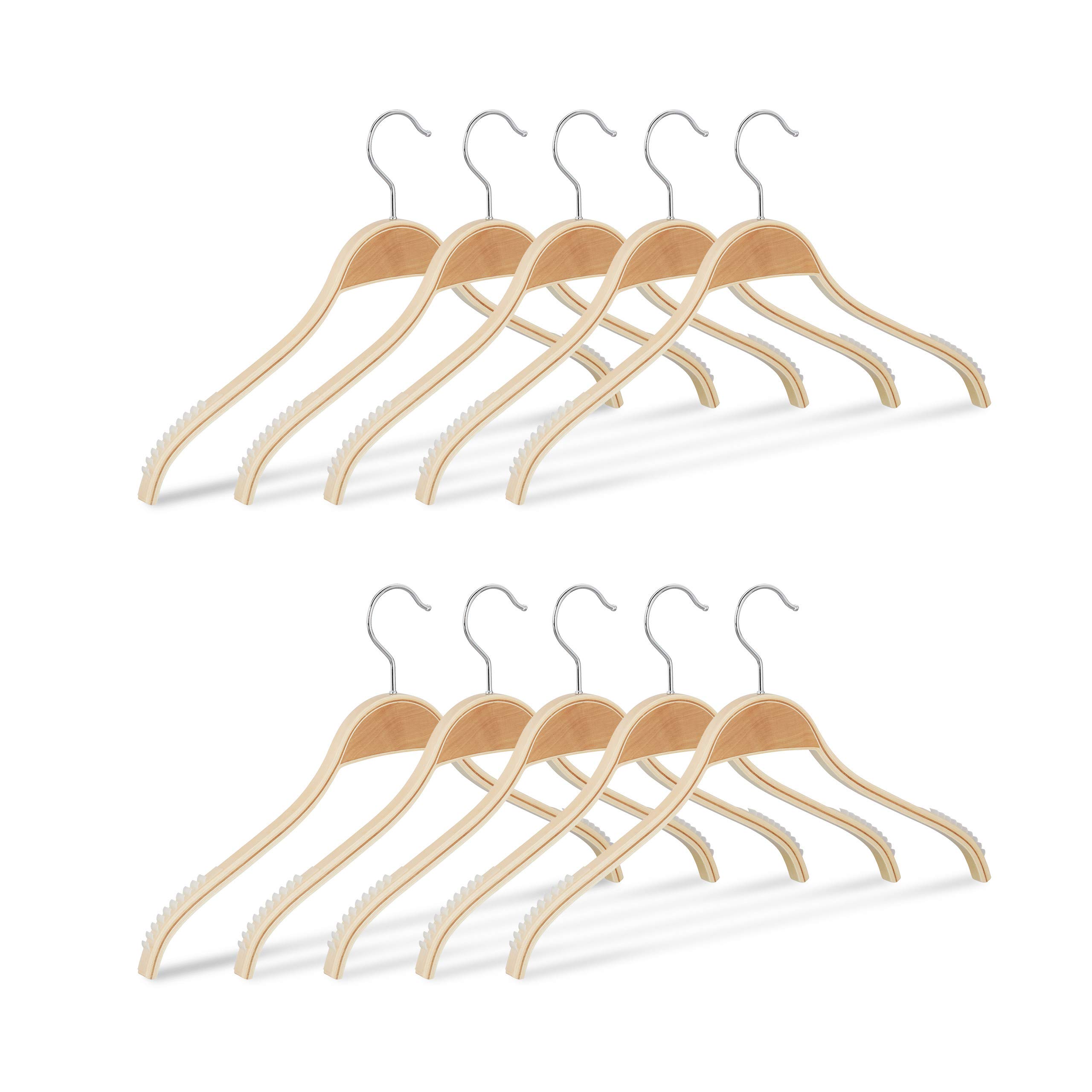 Relaxdays Set of 10 Wooden Clothes Hangers, Anti-Slip Slats, 360° Swivel Hooks, Wardrobe Organisers, 40 cm, Natural, Wood, 23 x 40 x 1.3 cm