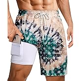 Gleeease 9inch Mens Swim Trunks: 2 in 1 with Compression Liner Stretch Quick Dry Drawstring Shark Pockets Beach Pool Vacation
