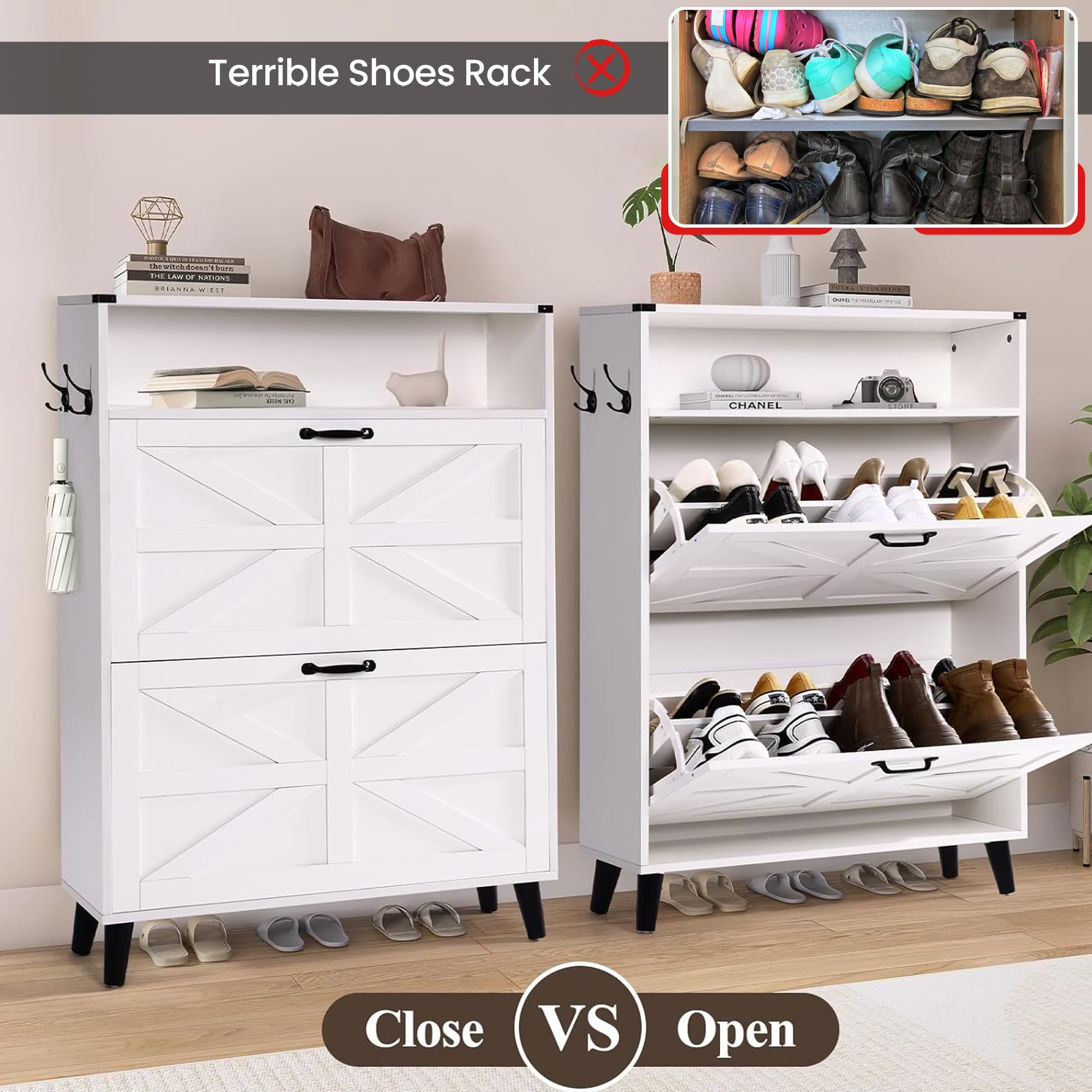Elifine Shoe Storage Cabinet with 2 Flip Drawers, Farmhouse Shoe Cabinet with Open Storage for Entryway, Freestanding Hidden Slim Narrow Shoe Rack Cabinet for Hallway, Closet, Living Room (Pure White)