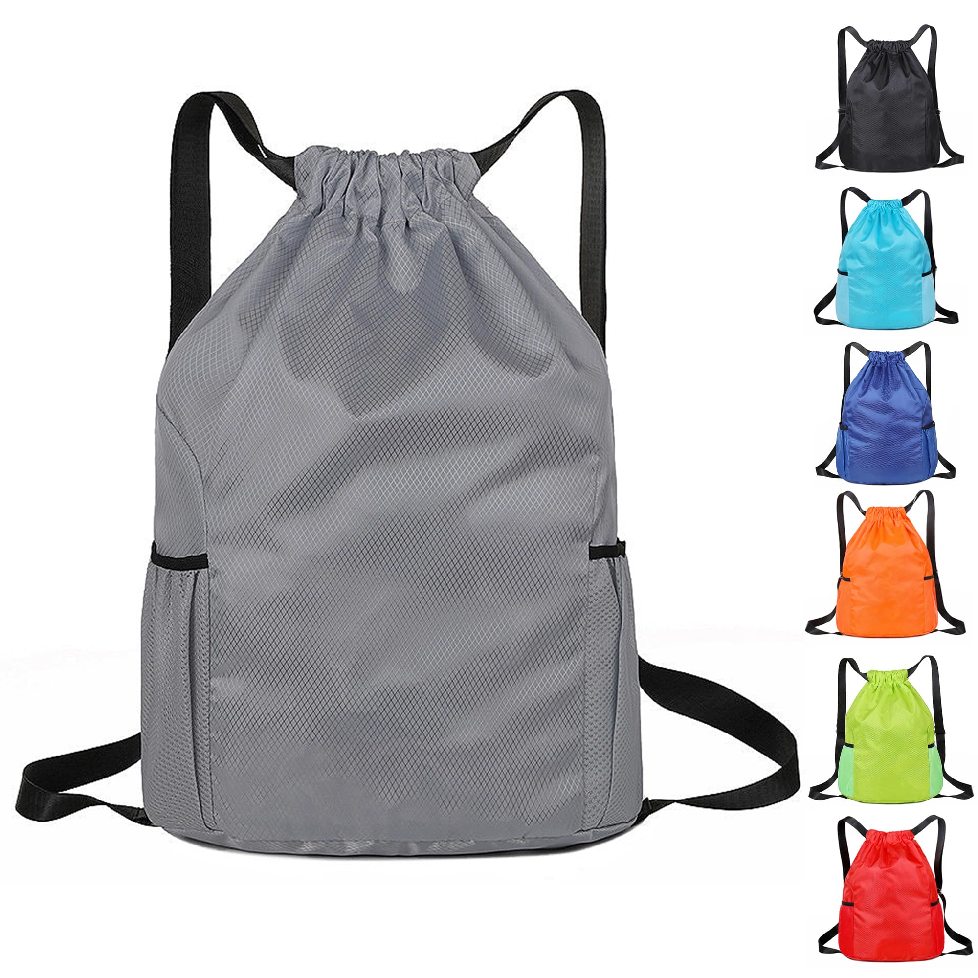 KANGSIT Drawstring Bags, Unisex Gym Sack, Swim PE Bags Drawstring Gym Bag for Kids Adults String Swimming Sports Bag for School Sports Swimming Gym Travel (Gray)
