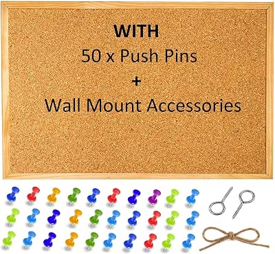 RSE Large Cork Notice Board 600x400 mm with 50 Pins Wall Mount Kit