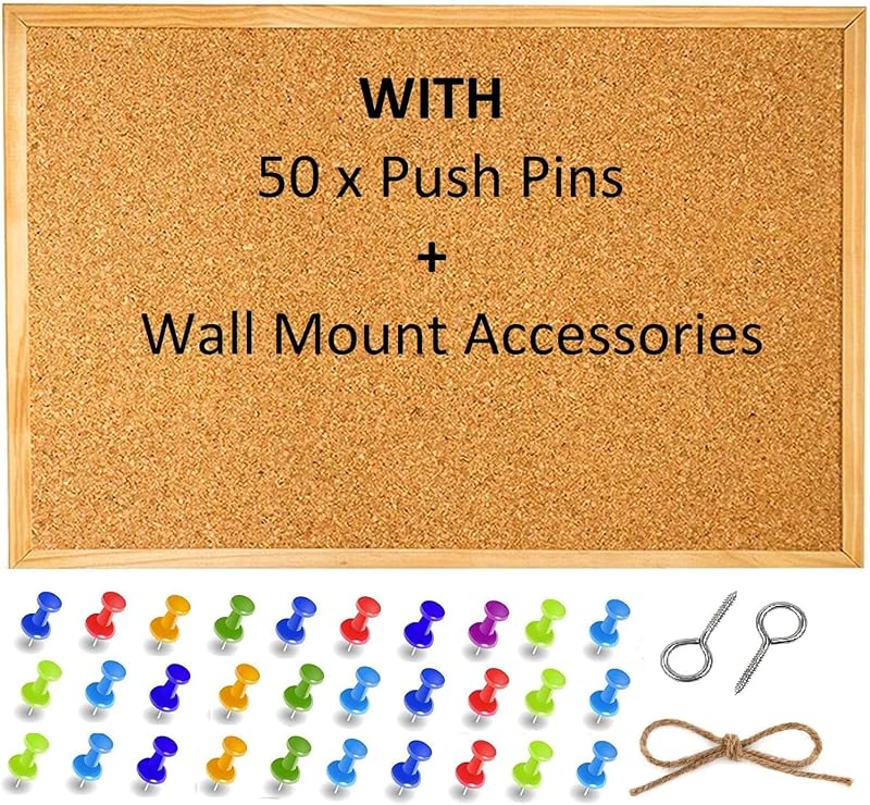 RSE Large Cork Notice Board 600x400 mm with 50 Pins Wall Mount Kit