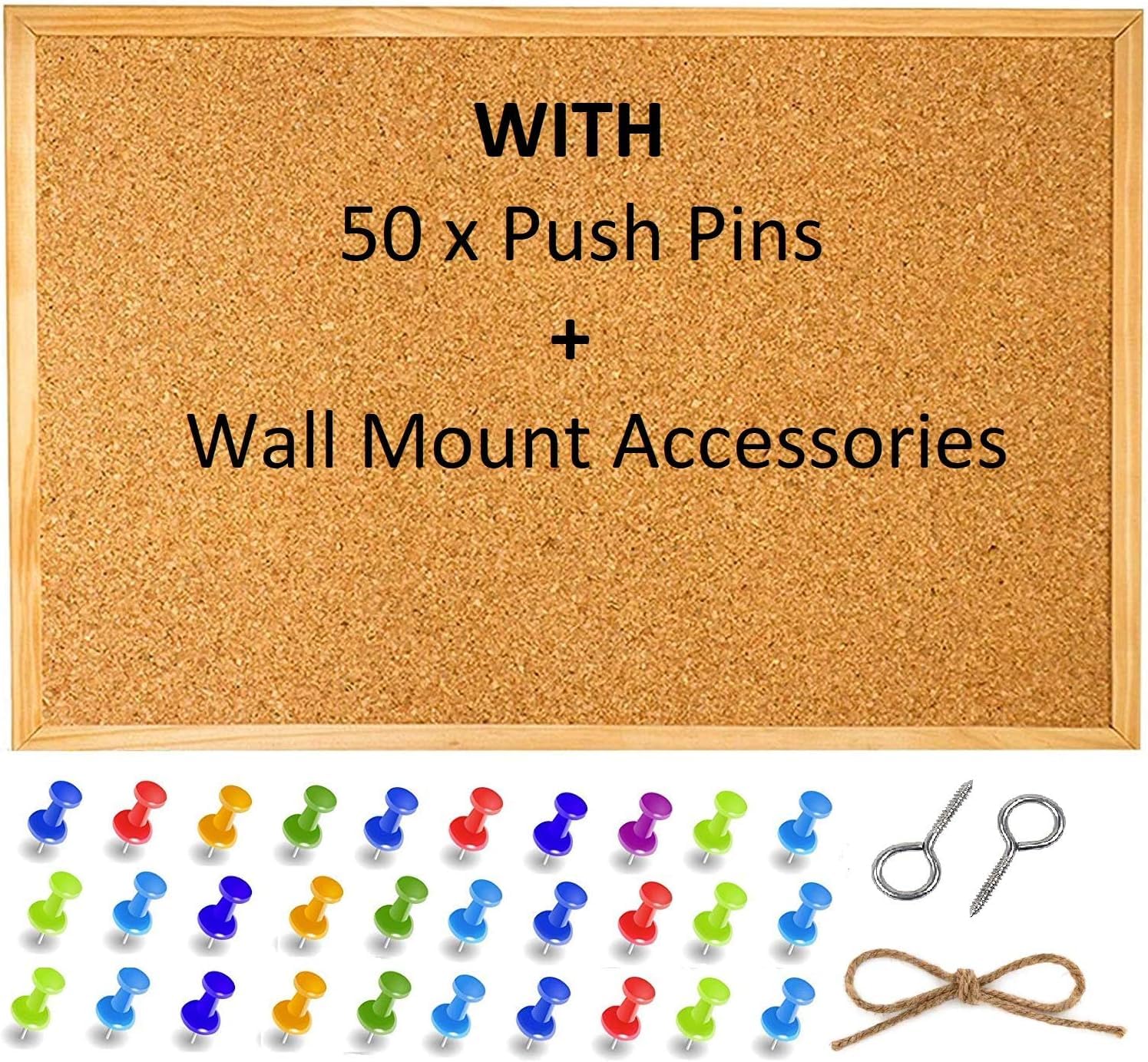 Large Cork Pin Notice Board Bulletin Vision Boards For Home Bedroom offices Memo Message Pictures Planner Display Organiser Wood Frame Corkboard - Wall Mount Screws And 50 Push Pins - 600 x 400 mm