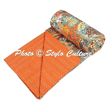 Traditional Ethnic Kantha Indian Bed Throw Single Orange Cotton Paisley Hand Stitched Blanket Bedding Quilt Bed Cover Coverlet by Stylo Culture