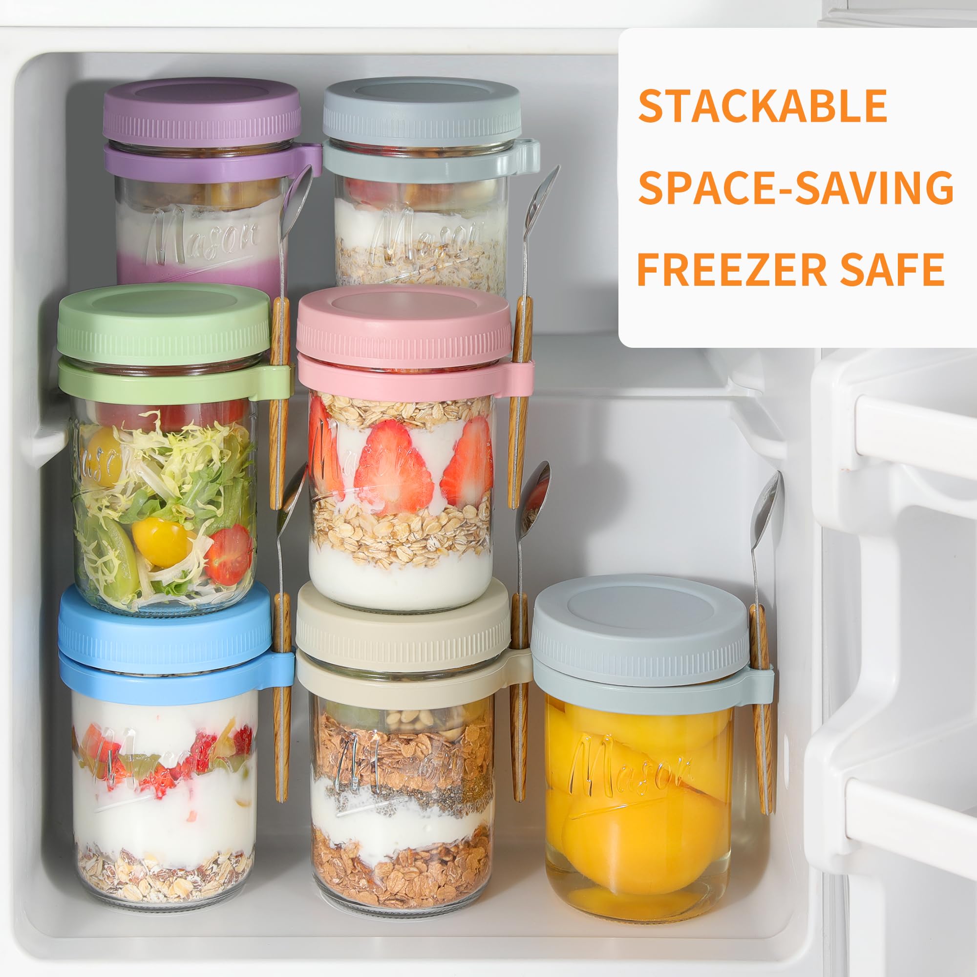 Xyptorix 6 Pack Overnight Oats Containers with Lids and Spoons, 16 oz Mason Jars with Removable Separate Compartments, Airtight and Leak-Proof Glass Jars for Chia Pudding, Yogurt, and Oatmeal