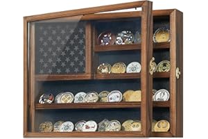 DONONR Challenge Coin Display Case, 15.7" x 12.4" Lockable Military Coin Holder Cabinet with Removable Star Board, Solid Wood Coins Cases for Collectors Plexiglass Coins Rack Stand