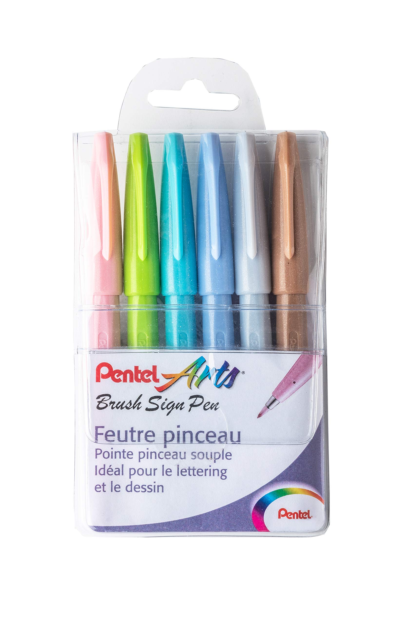 Pentel Brush Sign Pen SES15C-12, Fibre-Tip Pen, Brush-Like Tip Pochette de 6 pastel