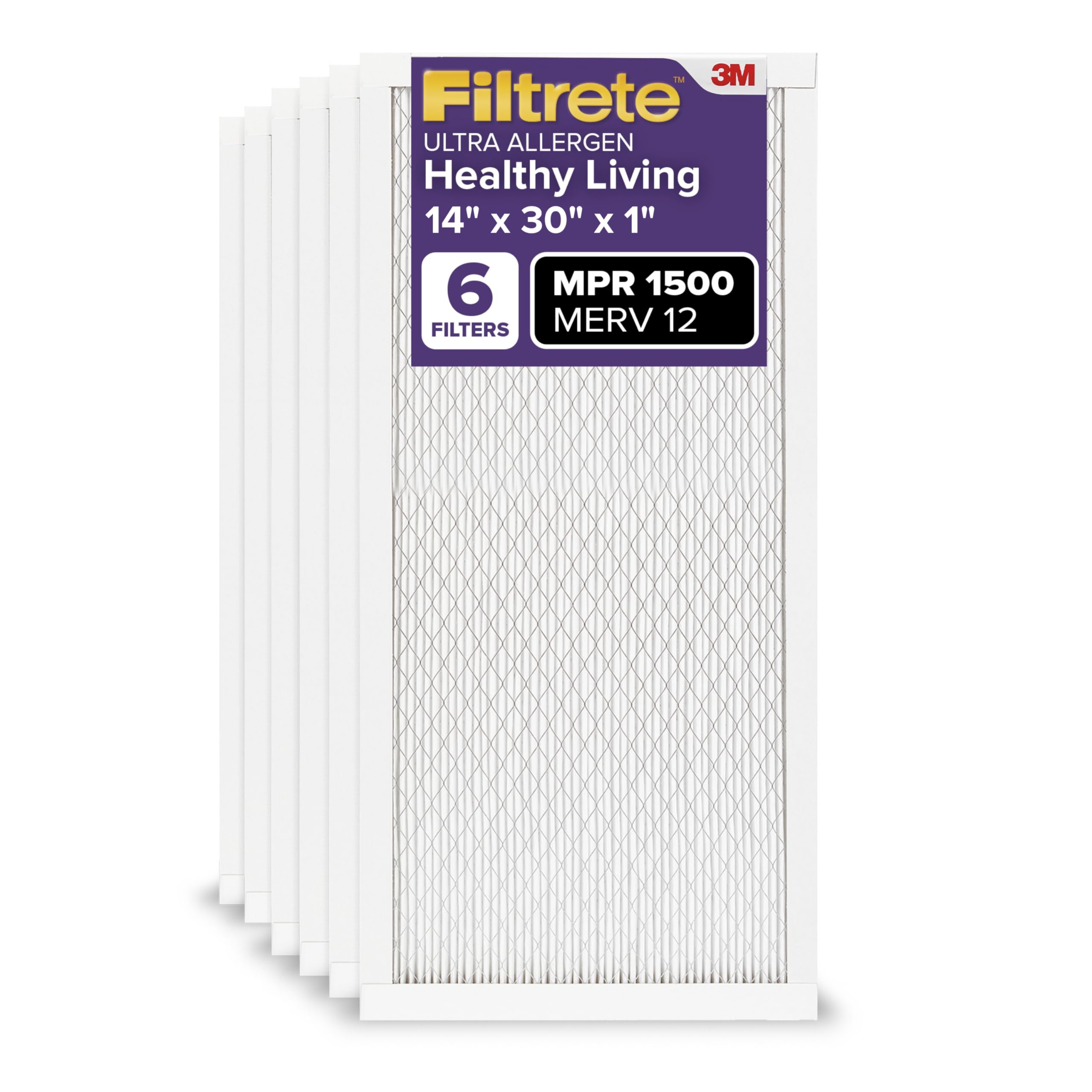 Filtrete 14x30x1 AC Furnace Air Filter, MERV 12, MPR 1500, CERTIFIED asthma & allergy friendly, 3 Month Pleated 1-Inch Electrostatic Air Cleaning Filter, 6-Pack (Actual Size 13.81x29.81x0.78 in) Image Filtrete 14x30x1 AC Furnace Air Filter, MERV 12, MPR 1500, CERTIFIED asthma & allergy friendly, 3 Month Pleated 1-Inch Electrostatic Air Cleaning Filter, 6-Pack (Actual Size 13.81x29.81x0.78 in) Image