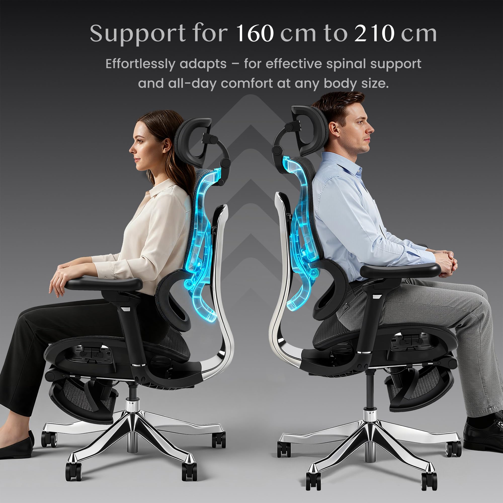 FLEXISPOT Ergonomischer Stuhl bis 300 kg, mit Fußstütze 4D Kopfstütze & 5D Armlehnen,Einteiliger Rücken- & Lendenstütze Bürostuhl für Büro und Gaming, ErgoX Max, Schwarz 4