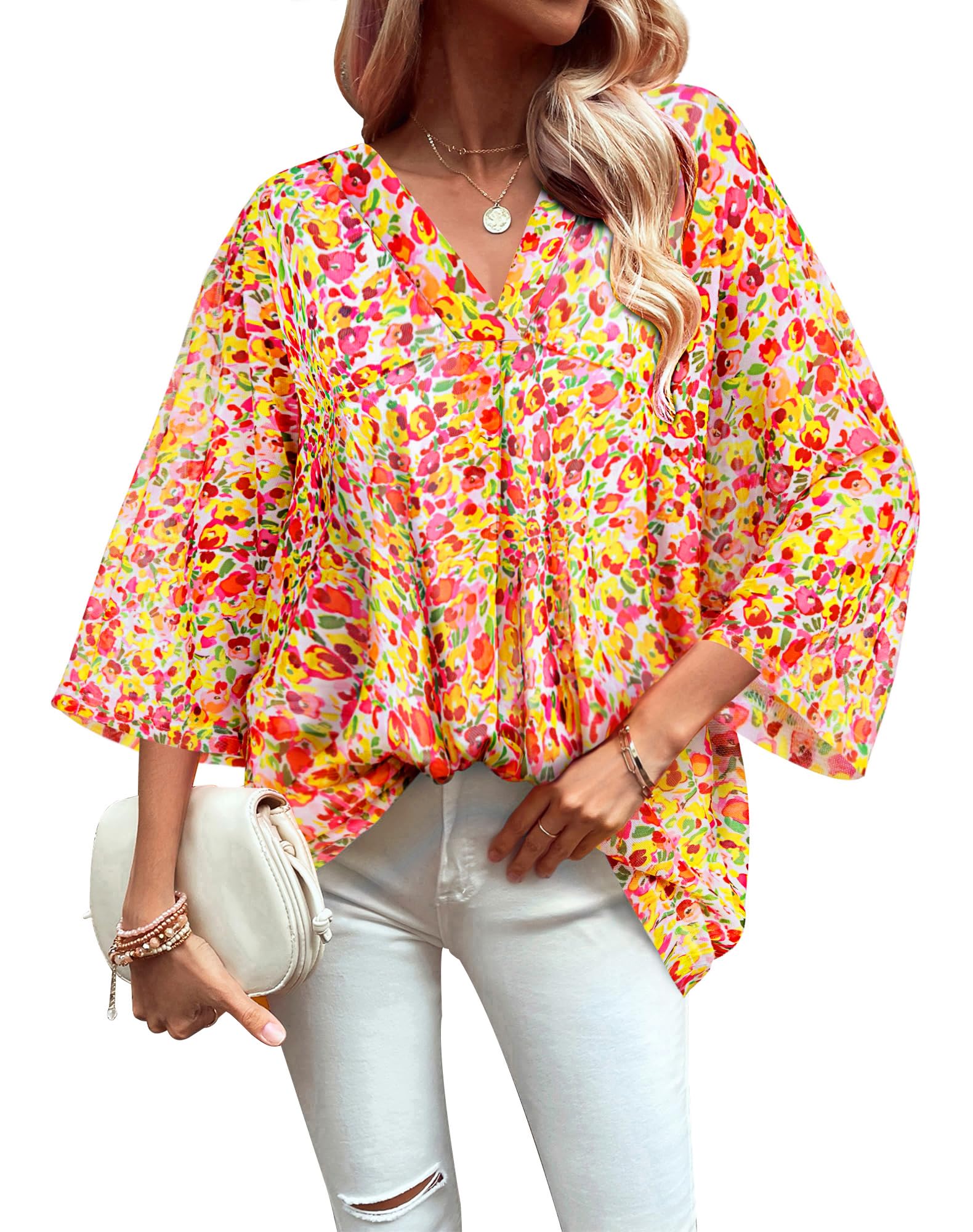 Women's Dressy Tunic Top - 3/4 Sleeve Asymmetric Hem Blouse With Mesh Overlay, Lightweight & Flowy - View #9