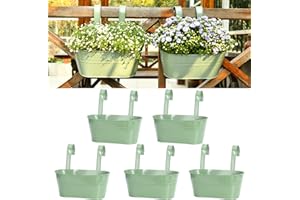LOVOUS 5 Pack Railing Planter for Outdoor Plants Balcony Hanging Flower Pots with Detachable Hooks Metal Hanging Planters for Fence Garden Yard Patio Porch Home Decor,OliveGreen