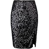 Vijiv Women's Sequin Skirt Midi High Waist Elegant Stretchy Sparkle Side Slit Pencil Skirt Party Cocktail