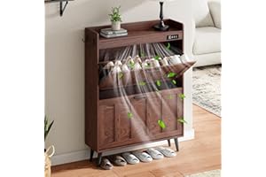 ChooChoo Shoe Storage Cabinet with 2 Flip Drawers, Deodorizing Shoe Organizer Storage for Entryway, Freestanding Hidden Slim Narrow Shoe Rack Cabinet, Walnut