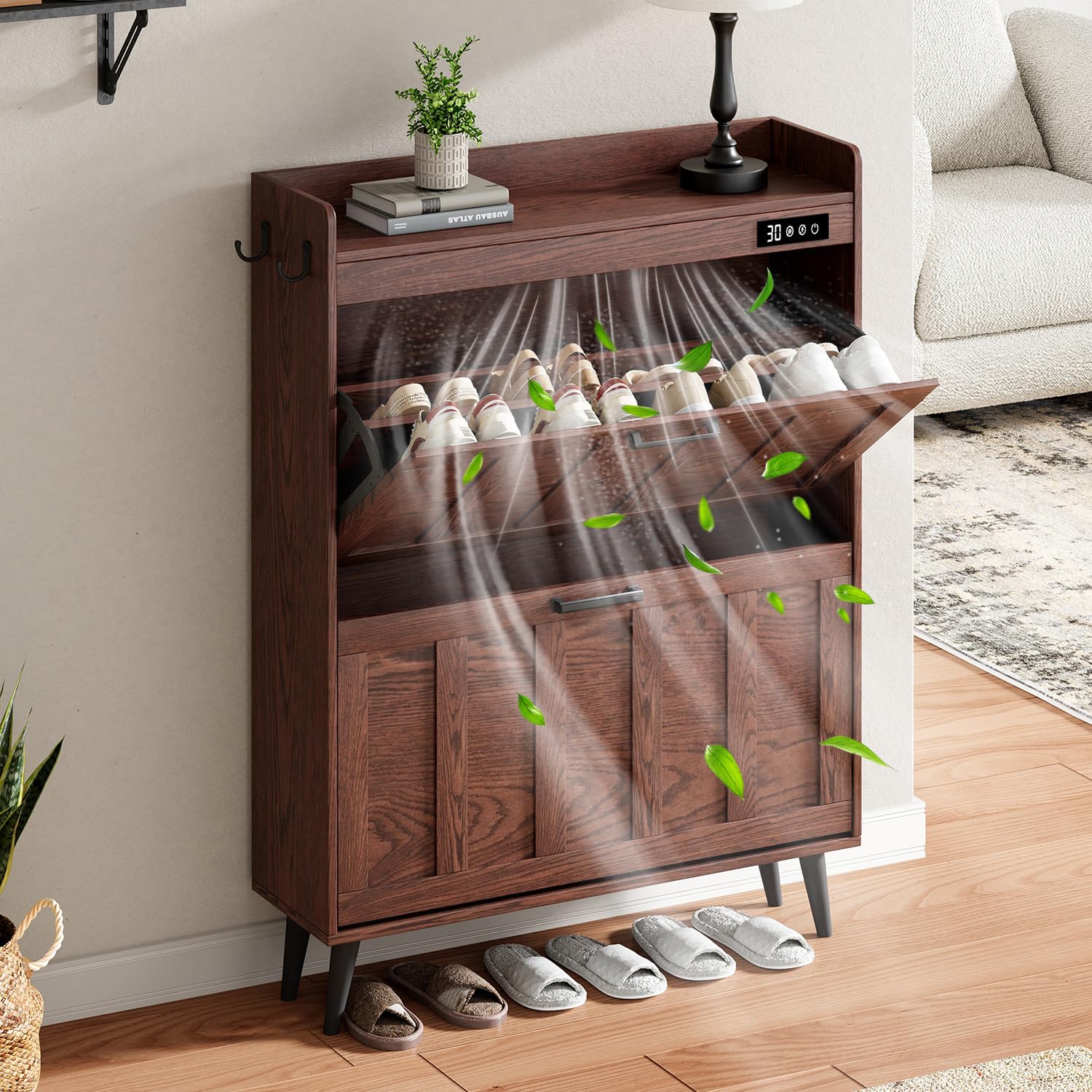 Photo 1 of ChooChoo Shoe Storage Cabinet with 2 Flip Drawers, Deodorizing Shoe Organizer Storage for Entryway, Freestanding Hidden Slim Narrow Shoe Rack Cabinet, Walnut