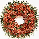 26" Fall Wreath for Front Door, Porch, Window - Large Artificial Eucalyptus Leaves with Fake Silk Flowers Outdoor Wreath Faux Boxwood for Home Farmhouse Harvest Festival Thanksgiving Day Autumn Decor