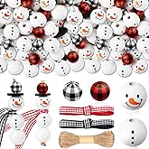 Landical 180 Piece DIY Christmas Snowman Wooden Bead Crafts Christmas DIY Ornaments Red Black Buffalo Plaid Wood Round Bead Xmas Print Wooden Beads with Twine Scarf for Crafts