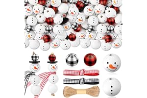 Landical 180 Piece DIY Christmas Snowman Wooden Bead Crafts Christmas DIY Ornaments Red Black Buffalo Plaid Wood Round Bead Xmas Print Wooden Beads with Twine Scarf for Crafts