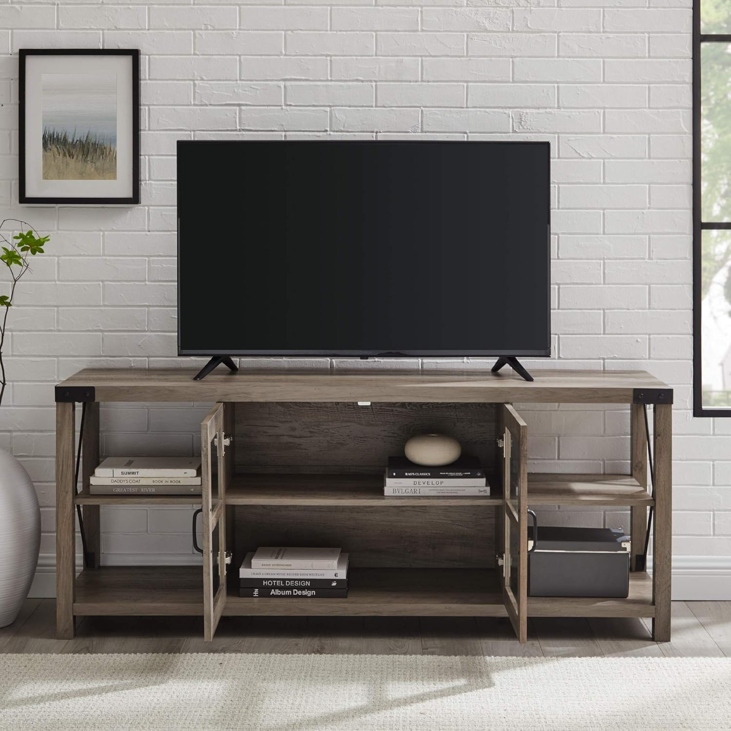 Walker Edison Modern Farmhouse Metal X Wood Stand Storage Cabinet for TV's up to 64" Living Room (60 Inch) - Gray Wash: Furniture & Decor