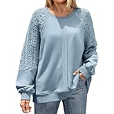 UEU Women Oversized Crochet Sleeve Sweatshirt Casual Loose Pullover Long Sleeve Lightweight Knit Top