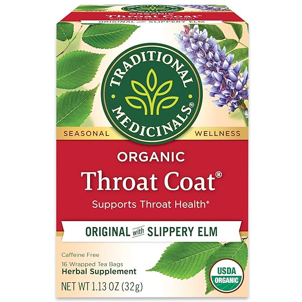 TRADITIONAL MEDICINALS ORGANIC, THROAT COAT TEA, ORIGINAL WITH SLIPPERY ELM – SUPPORTS THROAT HEALTH – KOSHER, NON-GMO, CAFFEINE-FREE, COMPOSTABLE – 16 TEA BAGS