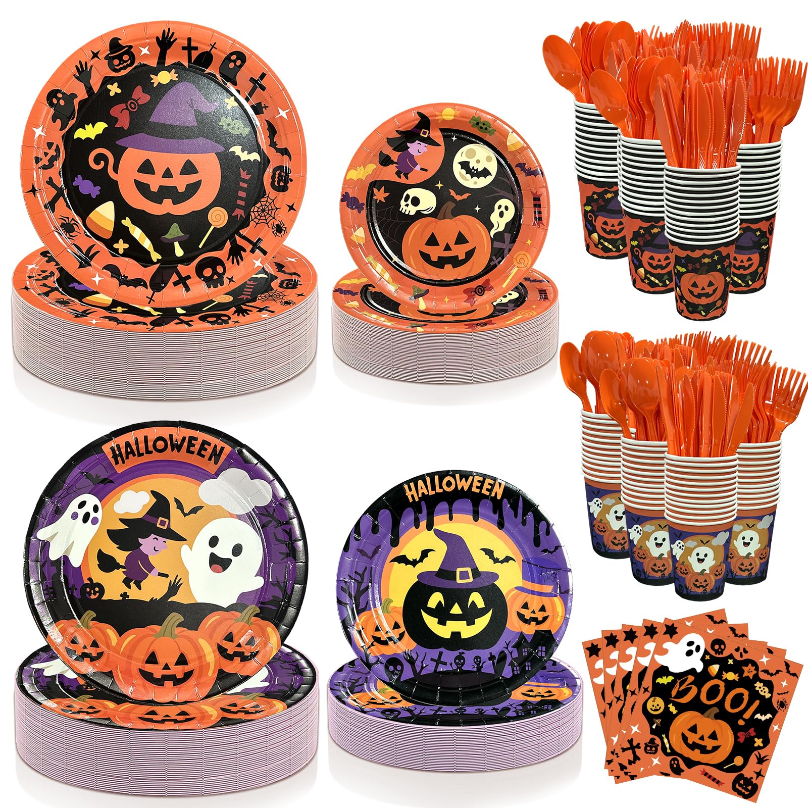Photo 1 of 175 PCS Halloween Plates and Napkins Sets, Halloween Party Supplies Includes Disposable Plates Dessert Plates Napkins Cups Plastic Knives Forks Spoons Disposable Dinnerware Set (25 Guest)