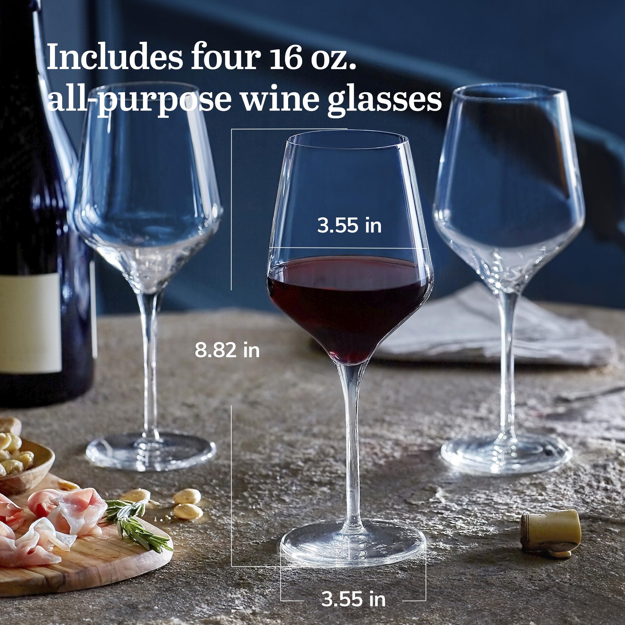 Libbey Signature Greenwich All Purpose Wine Glasses, 16 Oz Angular Wine Glass Set of 4 with Pulled Stem, Stemware Glasses for Cocktails and More