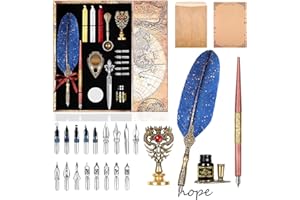 AIYNC Feather Pen Ink Set, Includes Quill Pen and Wooden Dip Pen,Ink,17 Replacement Nib,3 Wax Seal Sticks,Seal Stamp,2 in 1 Pen Nib Base,White Wax,Spoon,Envelope Letter Paper,Envelope Tool(Blue)