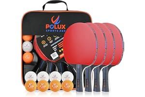 POLUX Ping Pong Paddles Set of 4 Rackets, 8 Balls & 1 Carrying Case. This Remarkable Table Tennis Set is The Perfect Solution for 4-Player and 2-Player Indoor and Outdoor Tournaments and Recreational Games