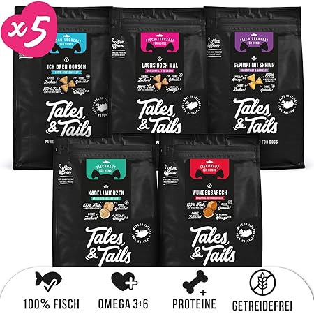 Hundeleckerlis aus 100% Fisch | Natürlich, Zuckerfrei, Getreidefrei, Reich an Omega 3 | Kausnack von Tales&Tails® | 5 Tüten H