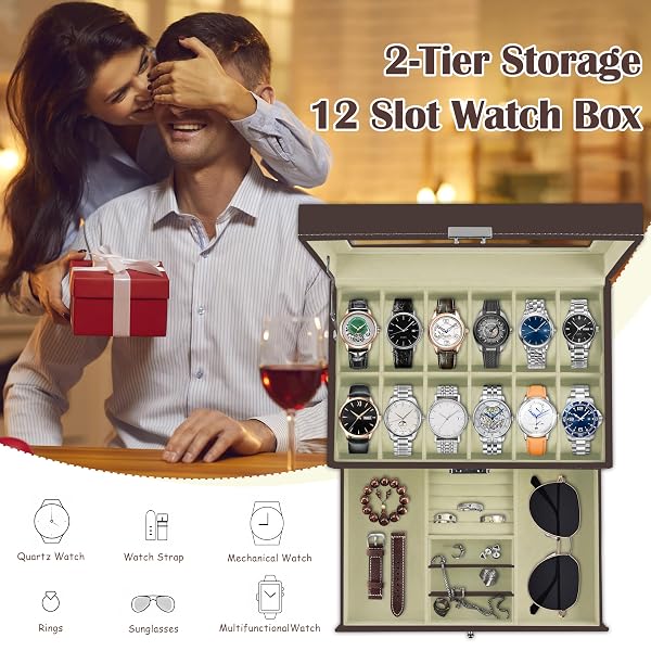 OGRMAR 12 SLOT PU LEATHER LOCKABLE WATCH STORAGE BOXES, MEN & WOMEN JEWELRY DISPLAY DRAWER CASE, 2-TIER ORGANIZER WATCH SHOWCASE WITH GLASS LID (BROWN)
