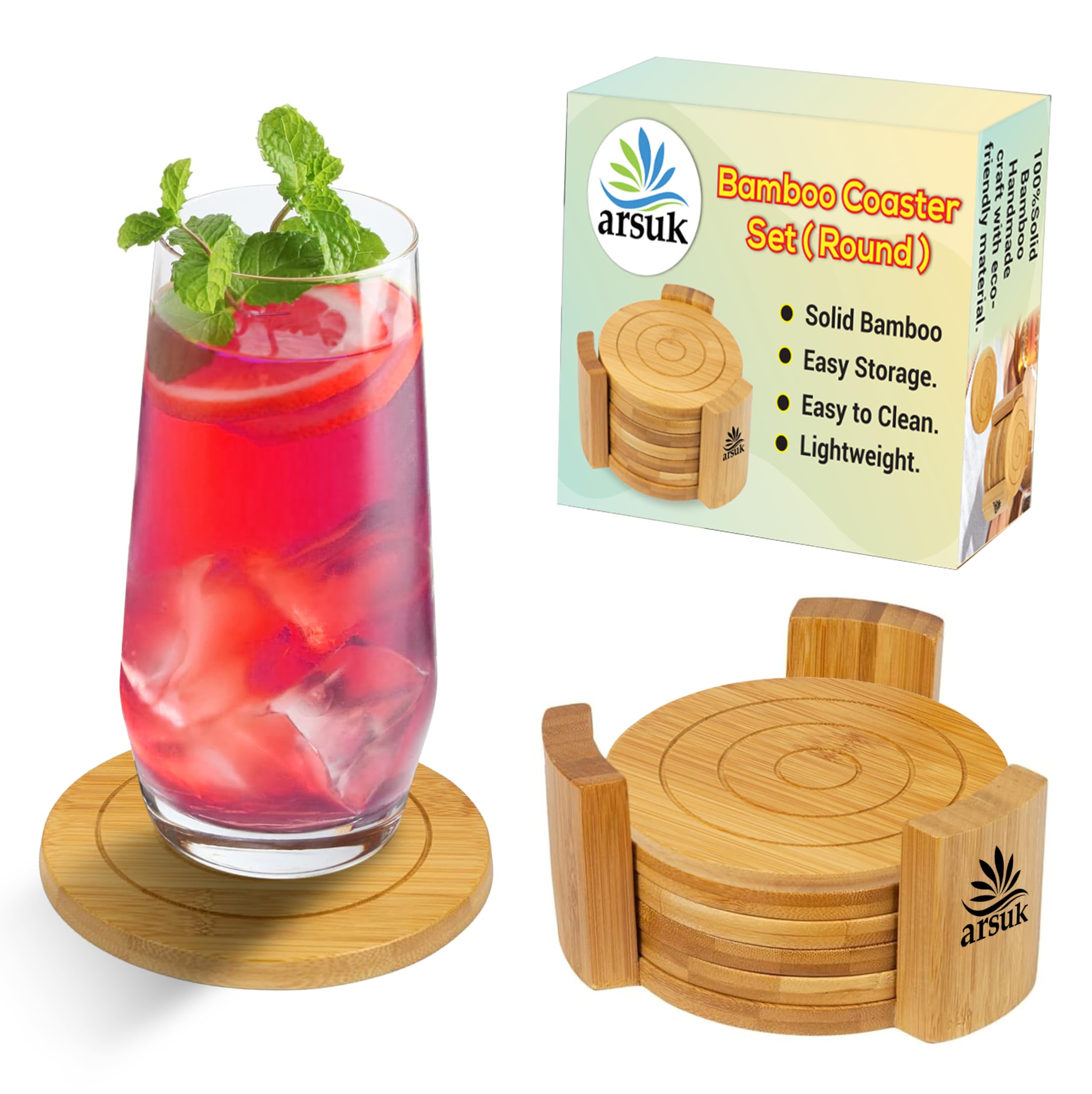 ARSUK Coasters Set of 6 Bamboo Drink Coaster Set with Holder Heat Resistant for Home Kitchen Table Housewarming Gift Decoration Protection