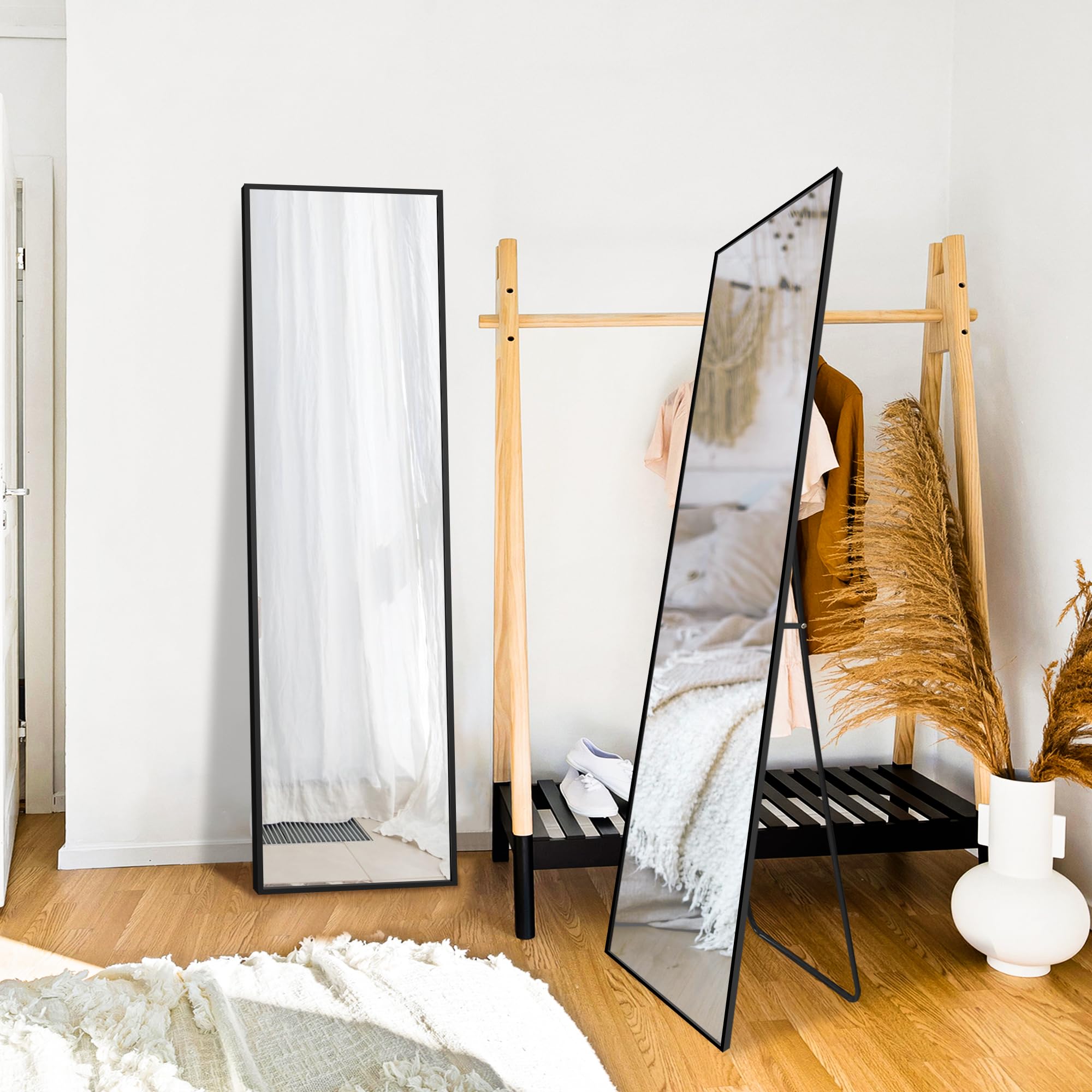 Delma Wall Mirror Full Length,Standing Mirror Full Body,Large Floor Mirror for Wall Door Bedroom Bathroom Living Room with Aluminium Frame(with Stand,60x15-Black)