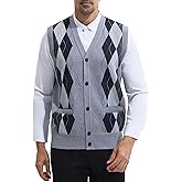 LemonGirl Mens Plaid V-Neck Cardigan Sweater Vest Sleeveless Button Casual Knitwear