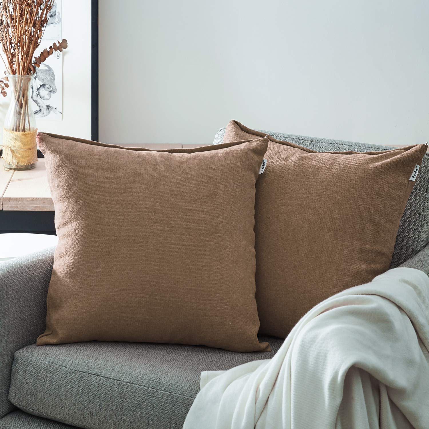 Top Finel Set of 2 Large Square Throw Pillow Covers for Couch Decoration Sofa Bed Soft Chenille Cushion Case Cover 24 x 24inch Euro Pillowcase 60x60cm, Coffee